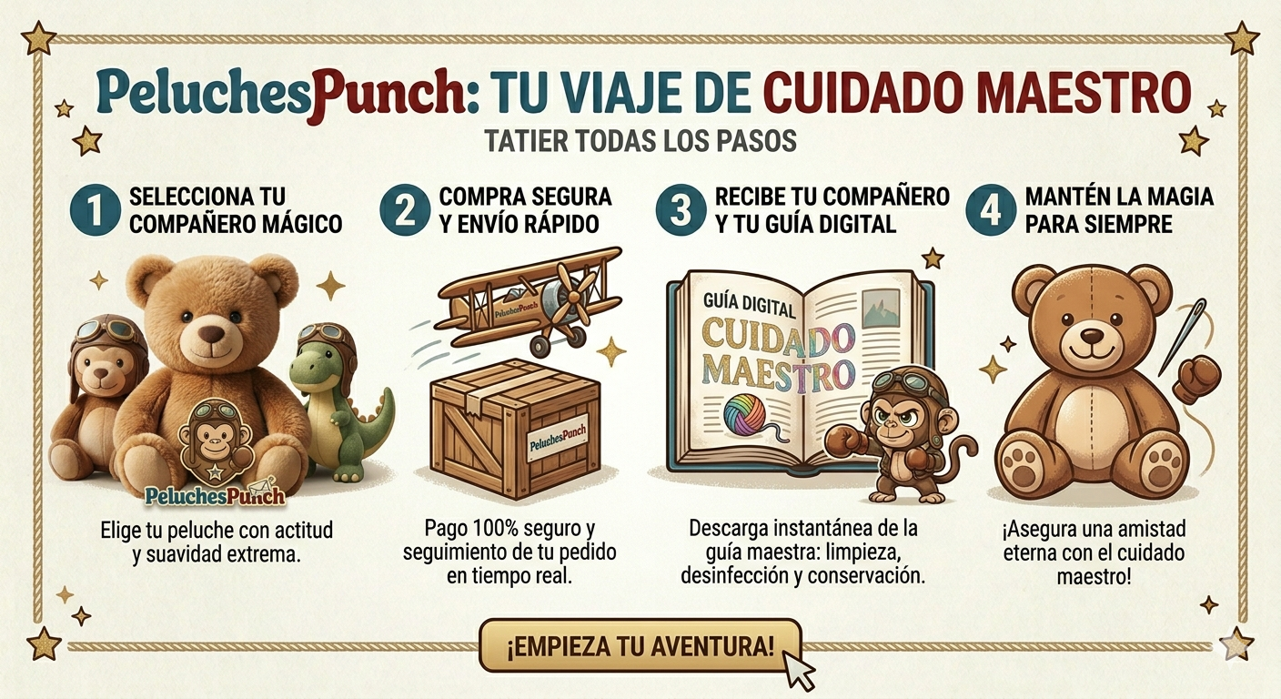 Selecciona tu compañero mágico, compra segura, recibe tu peluche con la 'Guía Digital Cuidado Maestro' gratis y asegura una amistad eterna. ¡Tu viaje con PeluchesPunch empieza aquí!