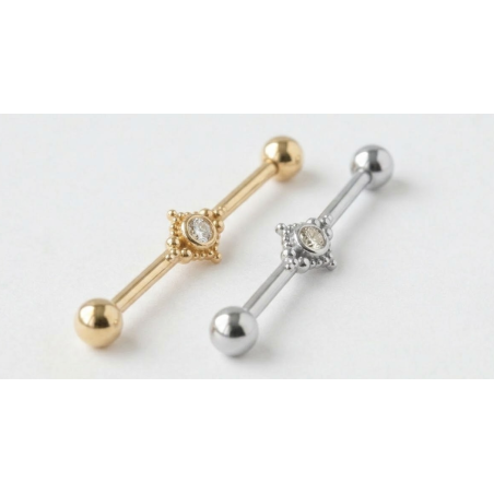 Industrial-Piercing mit Strasssteinen – Gold- und Silberstab