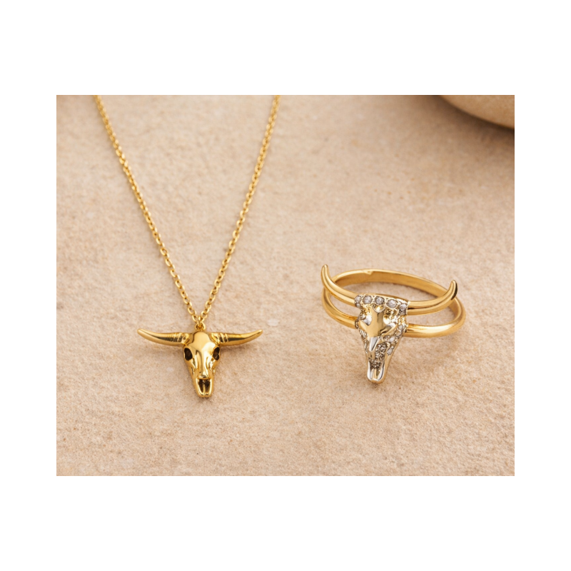 Pack Cow collar y anillo dorado | Bella joyas